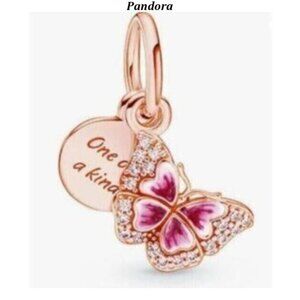 Pink Butterfly & Quote Double Dangle Charm ,Charms fit Pandora Bracelet